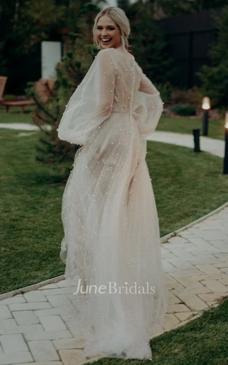 Simple Modest A Line Long Sleeve Tulle Wedding Dress Elopement Illusion Beach Country Gown with Pearl June Bridals