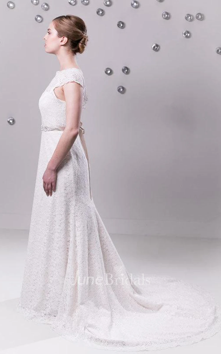 Long High Illusion Neck Lace Wedding Gown With Beaded Waist