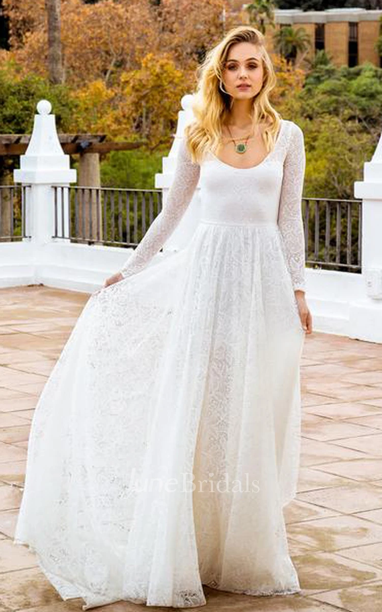 Bohemian Lace Scoop A Line Long Sleeve Wedding Dress with Keyhole Back