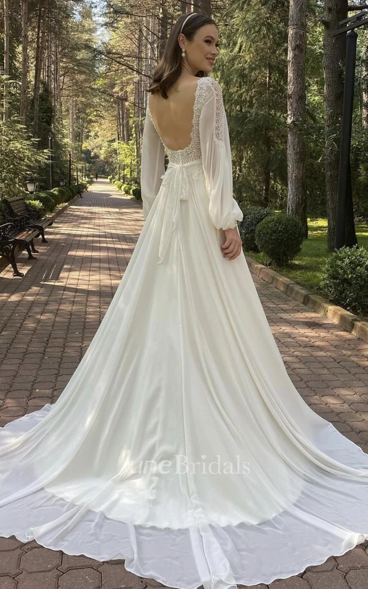 Simple A Line Chiffon V-neck Long Sleeve Wedding Dress With Pleats Ruching and Ribbon