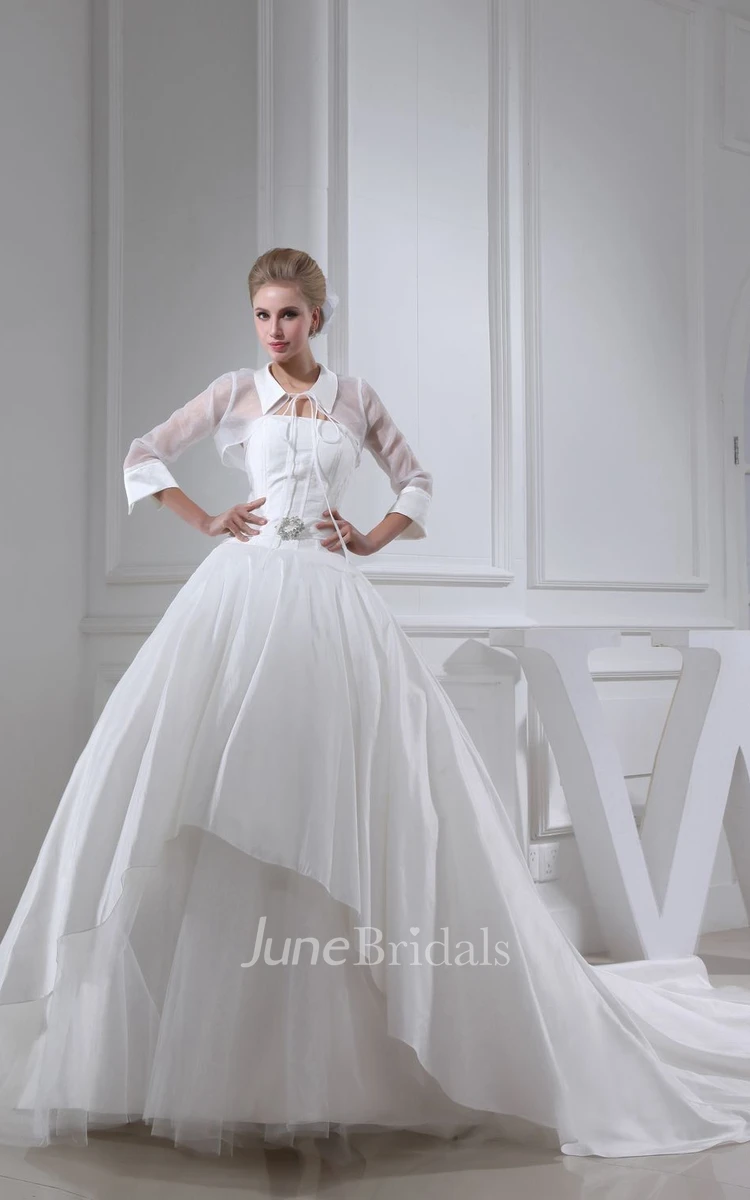 Noble Pleated A-Line Ball Gown With Collar and Illusion Sleeve