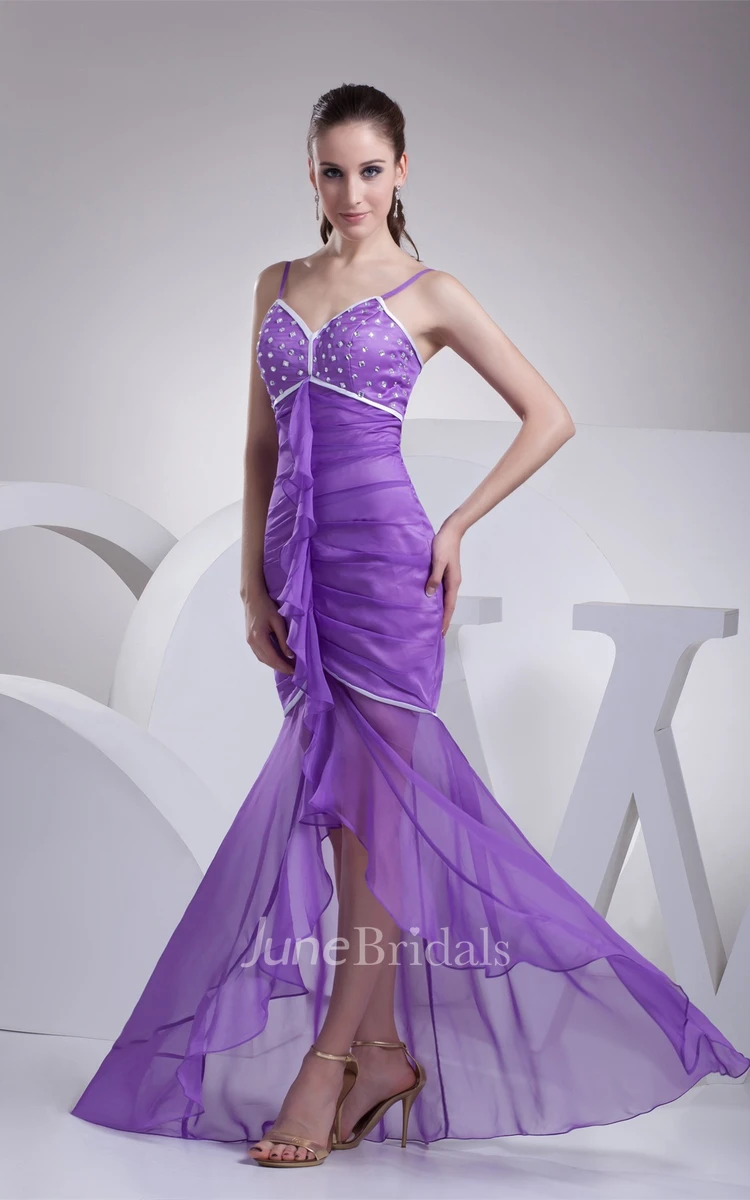 Spaghetti-Strap High-Low Mermaid Dress with Beading and Draping