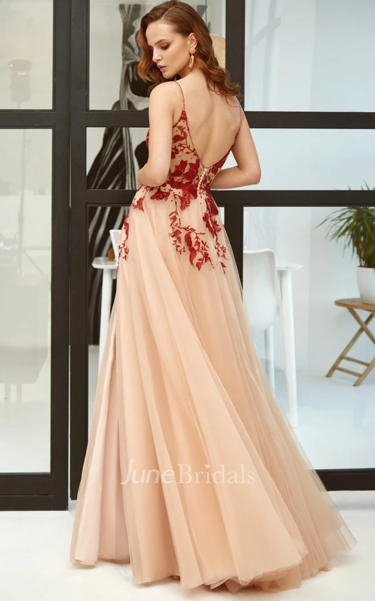 Modern A Line Sleeveless Tulle V-neck Low-V Back Floor-length Evening Dress with Appliques