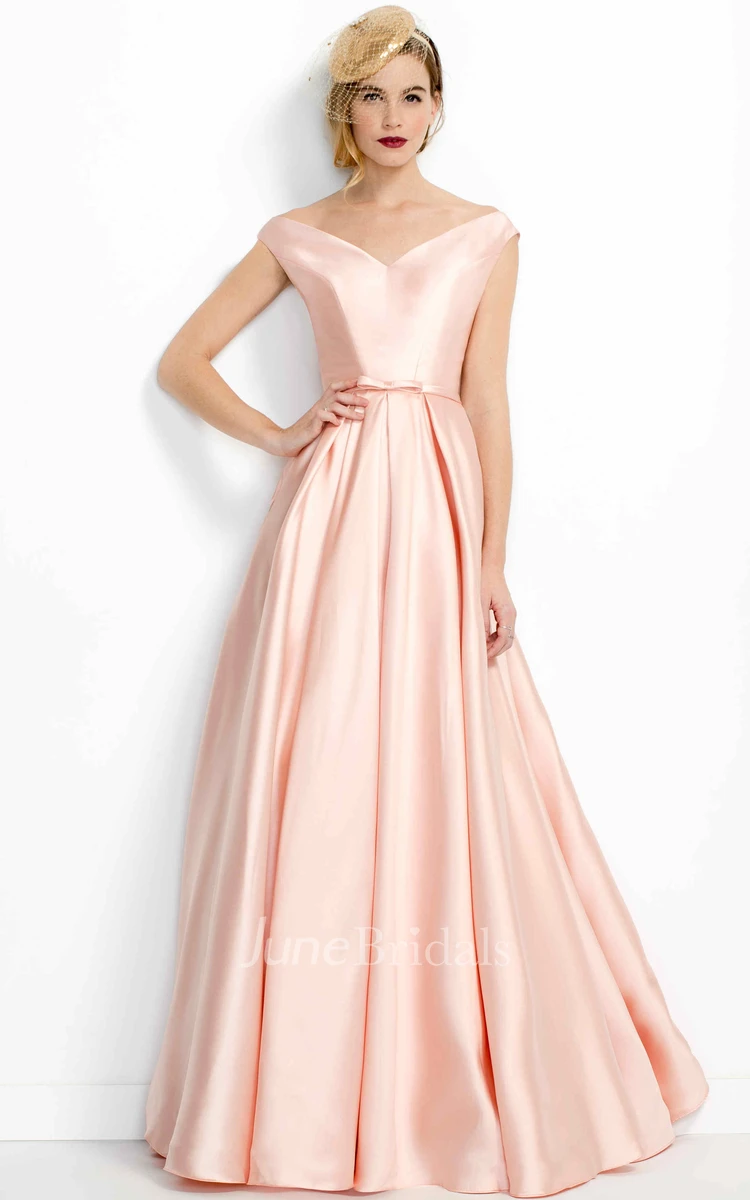 A-Line Pleated V-Neck Floor-Length Satin Prom Dress