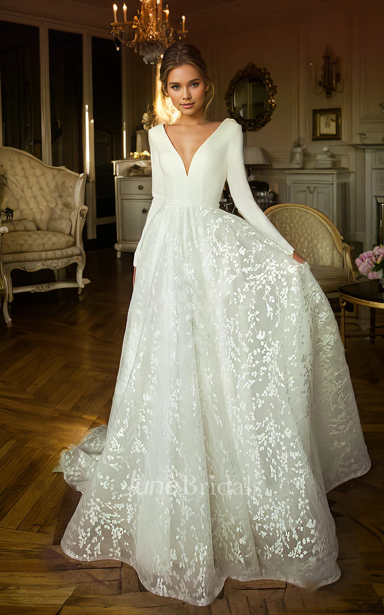 Long Sleeve Floor length A Line V neck Ethereal Lace Wedding Dress with Train Deep V Back June Bridals