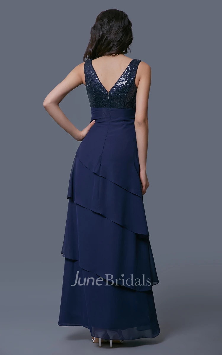 Chiffon V-Neck Layered Dress With Sequined Bust and Matching Cowl