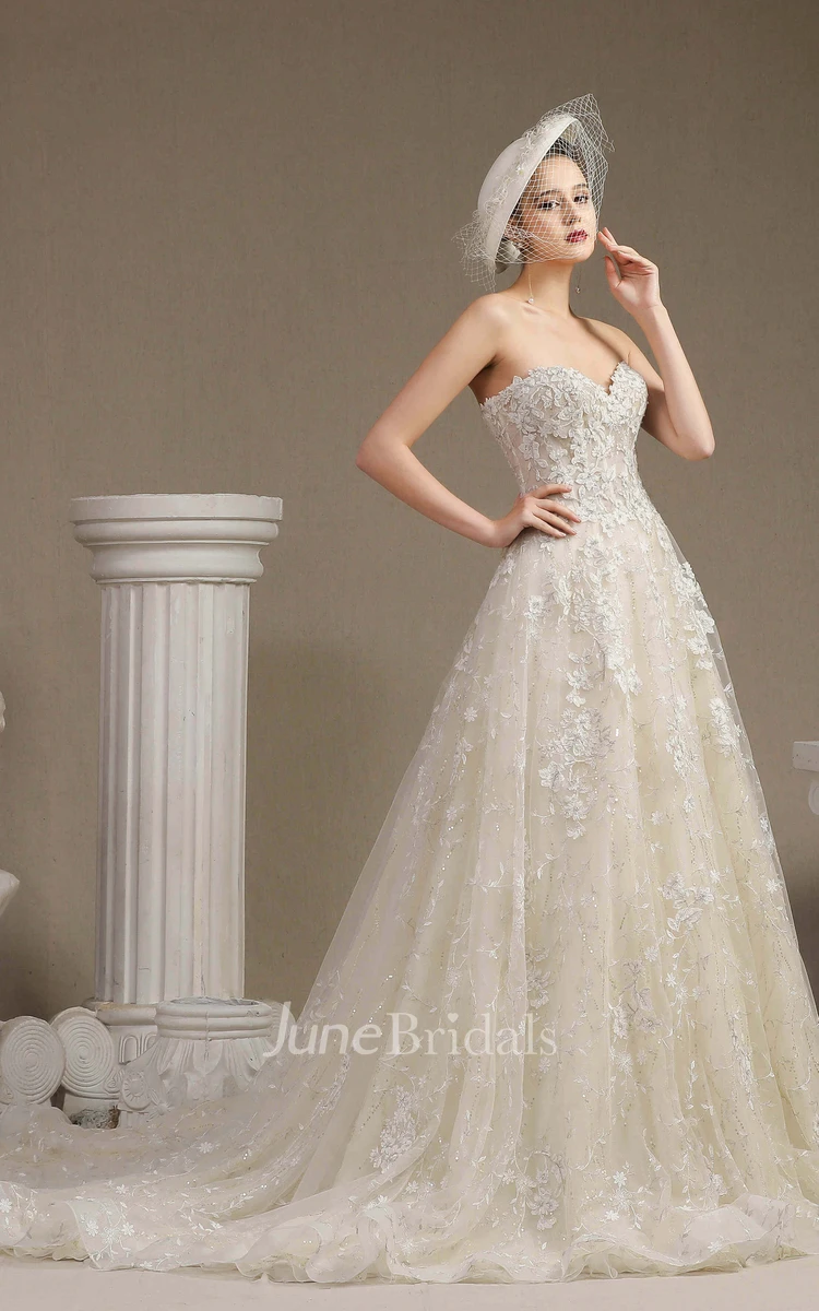 Lace Ballgown Princess Floral Appliqued Sweetheart Sleeveless Wedding Dress With Boning