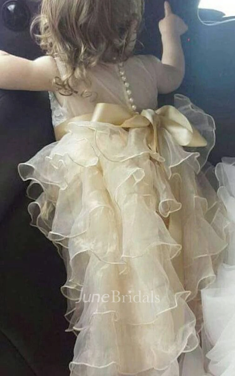Tea-length Ruffled Lace&Organza Dress With Beading Sash