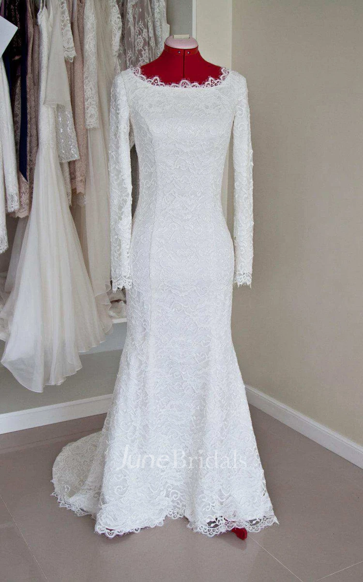 Scalloped-Neck Satin Lace Button Wedding Dress With Zipper