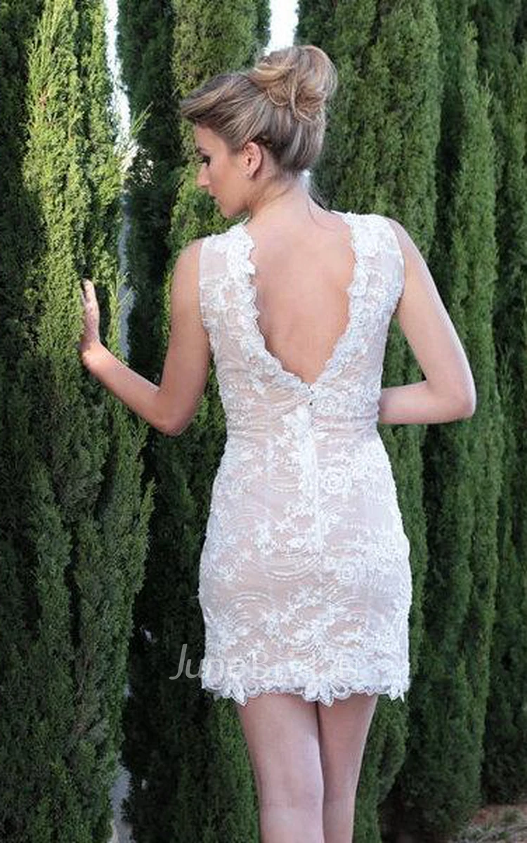 Deep-V Neck Sleeveless Short Sheath Lace Wedding Dress