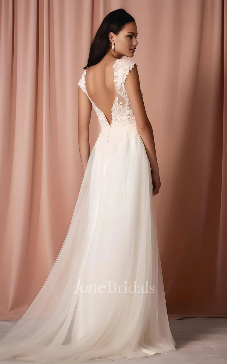 A-Line Sleeveless Lace Tulle Wedding Dress V-neck Country Garden Sweep Train Bohemian Elegant Romantic