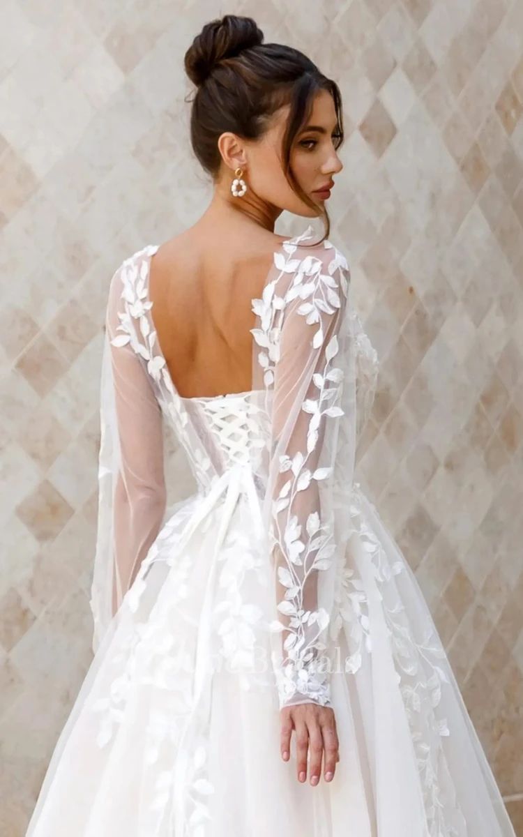 Romantic A-line Flowy Floral Lace Wedding Dress Illusion Tulle Long Sleeve Bridal Gown