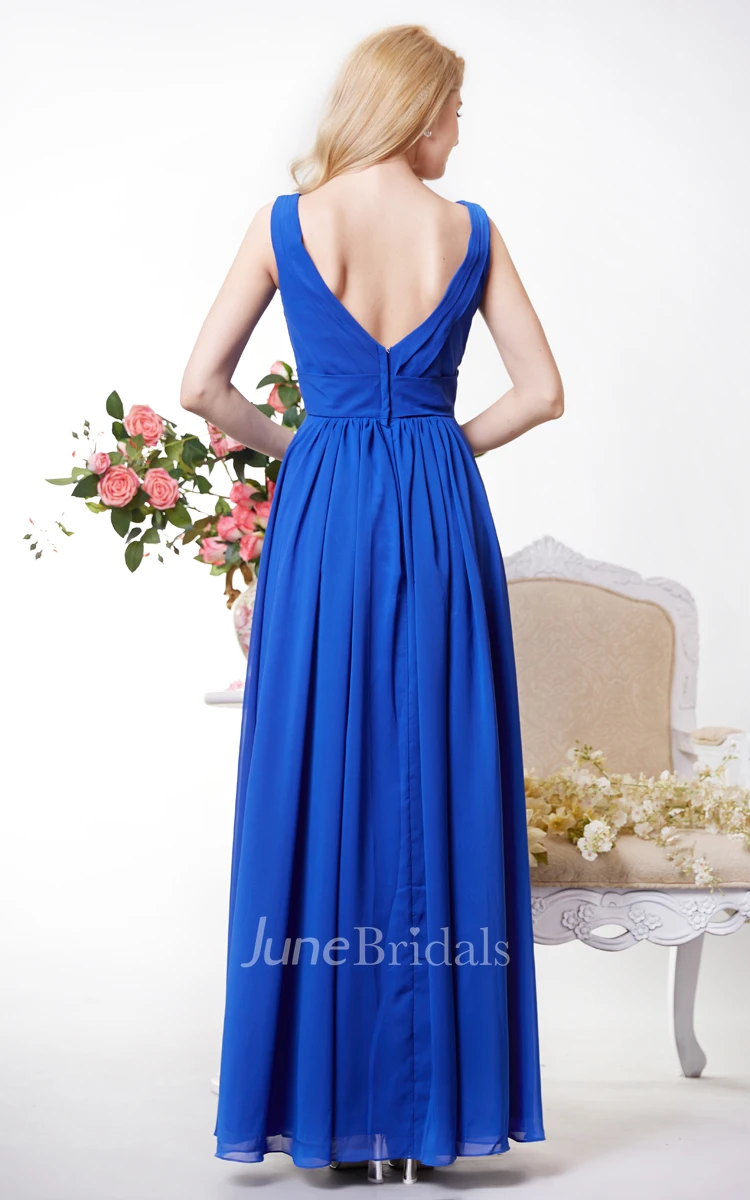 Empire V-neck V-back Pleated A-line Chiffon Gown With Waist Knot