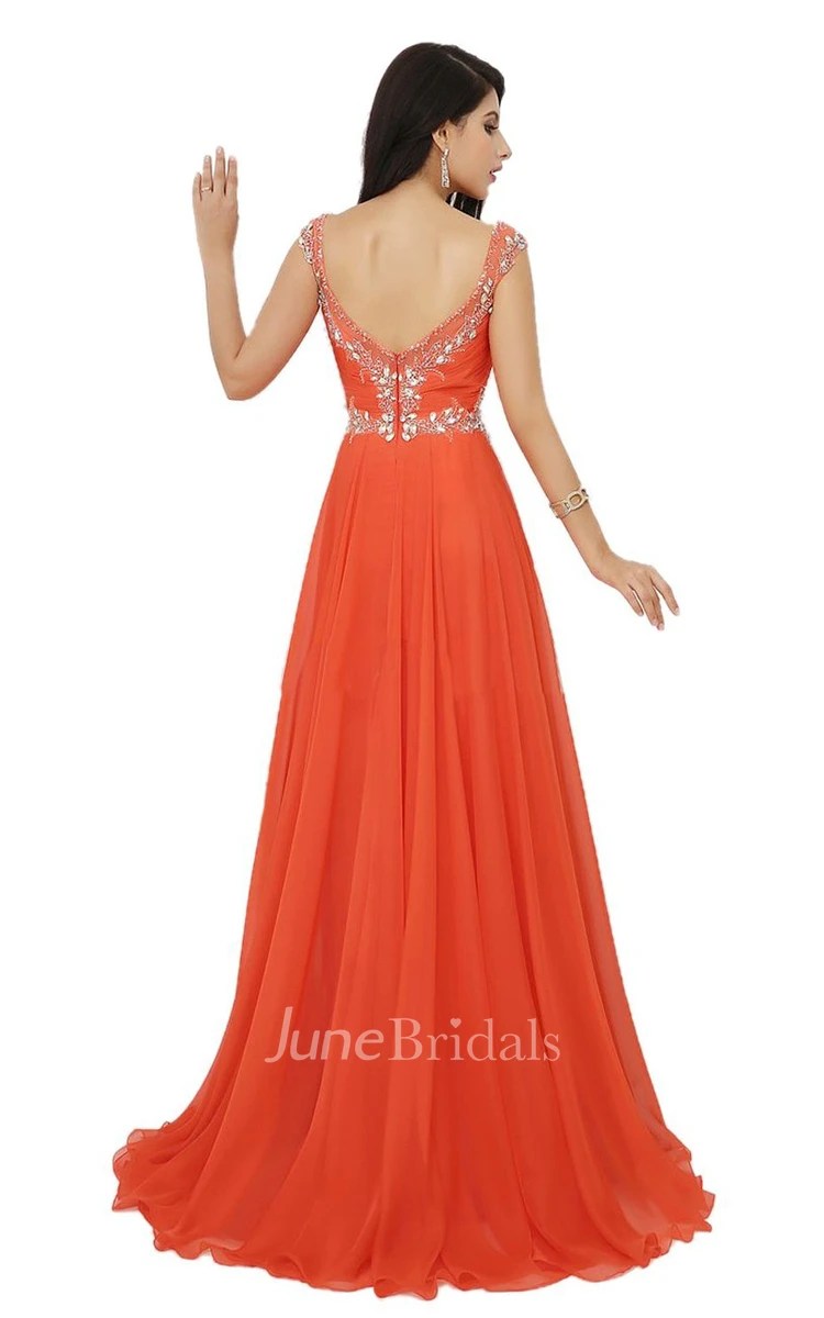 V-neck High-slit A-line Gown With Beaded Appliques
