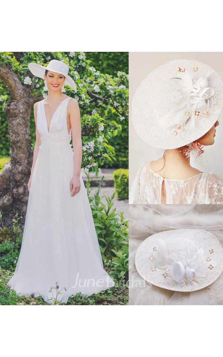 Monroe Inspired Wedding With Delicate French Beaded Trim Dress and Vintage White Lace Flower Hat With Satin Hat