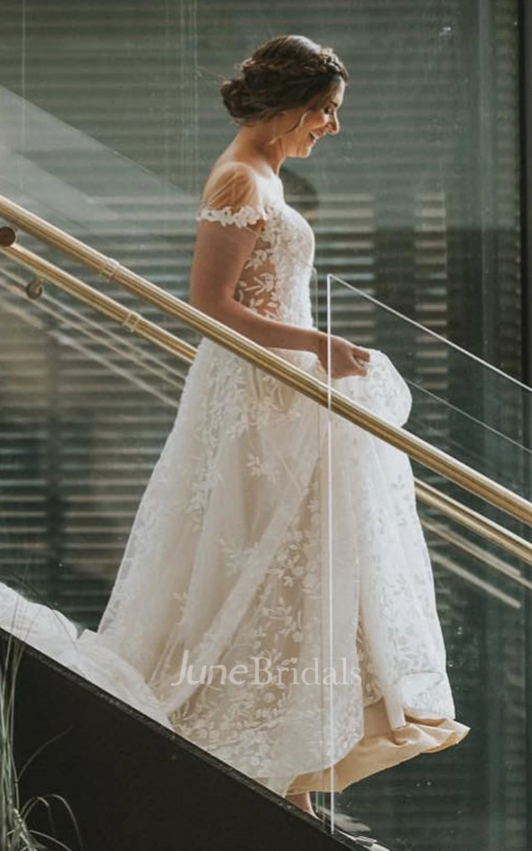 A-Line V-neck Lace Tulle Wedding Dress With Illusion Sleeves And Appliques
