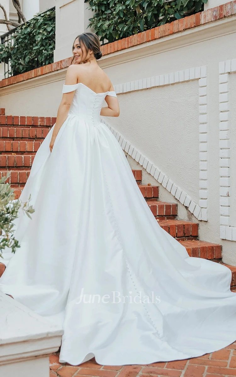 Vintage Elegant A-Line Off-the-shoulder Simple Wedding Dress Satin Sleeveless V-Back Ball Gown