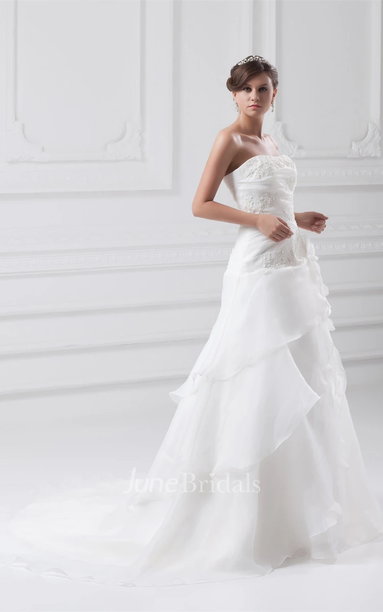 Strapless Draped A-Line Gown with Appliques