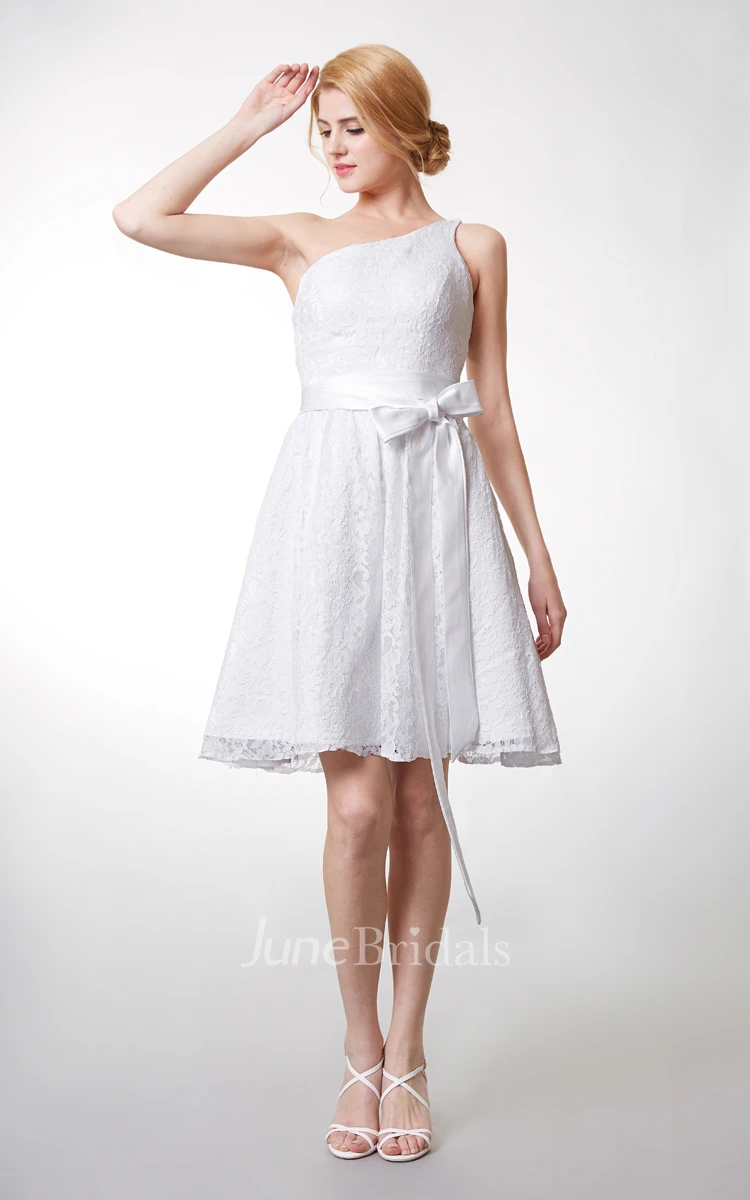 Beautiful Knee Length Lace Dress One Shoulder Neckline and Fitted Cut Flattering
