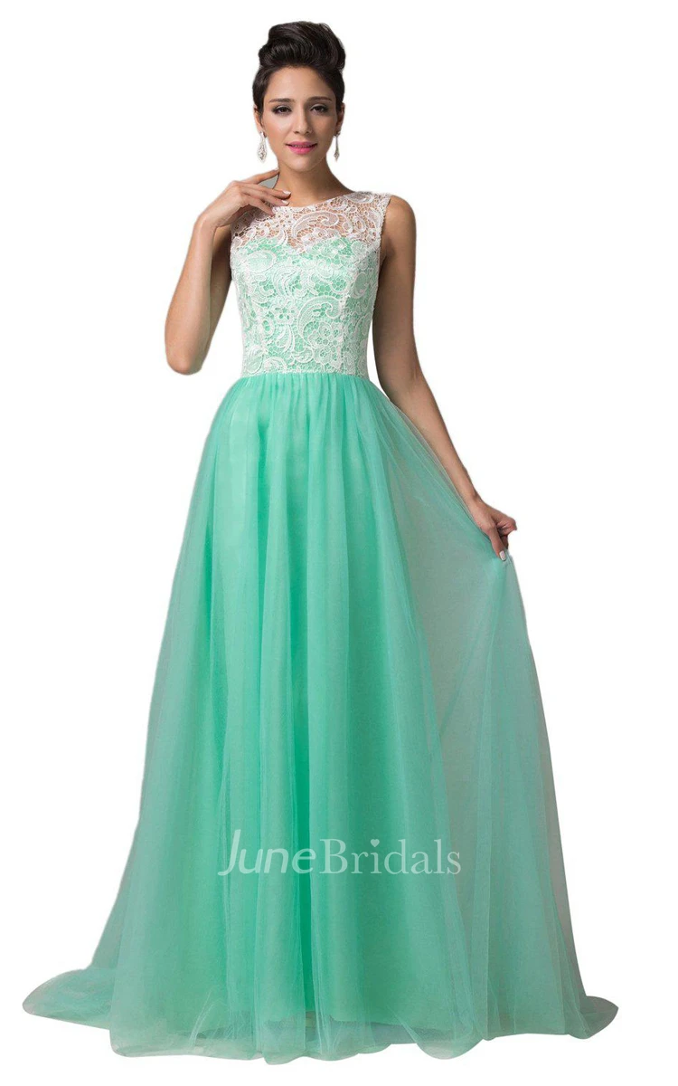 Sleeveless A-line Long Dress With Lace Bodice