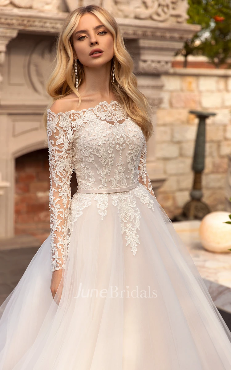 Off-the-shoulder Illusion Long Sleeve And Button Back Ballgown Lace Tulle Wedding Dress With Sash