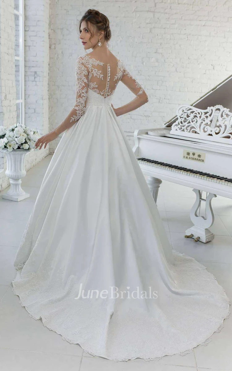 Scoop-Neck Illusion Long Sleeve A-Line Satin Wedding Dress With Appliques And Beading