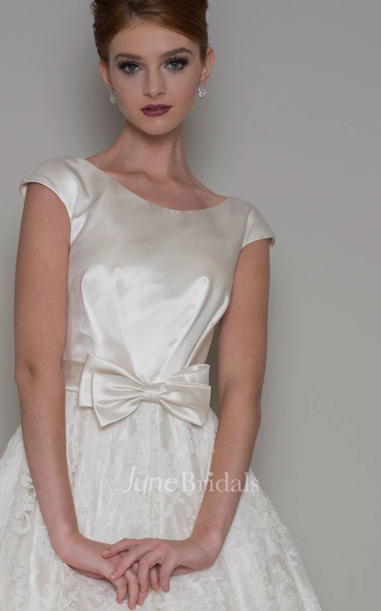 A-Line Tea-Length Appliqued Cap Sleeve Scoop Neck Satin Wedding Dress