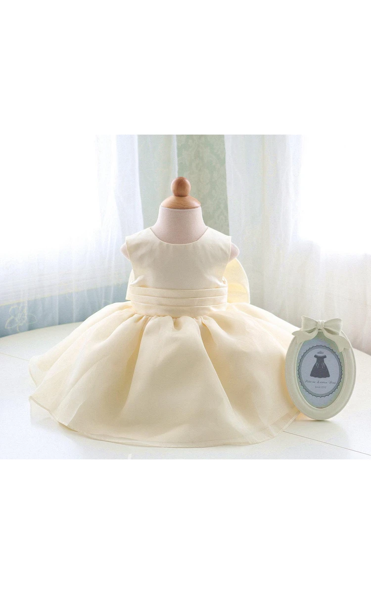 Sleeveless Jewel Neck Satin Bow Sash Organza Baby First Communion Dress