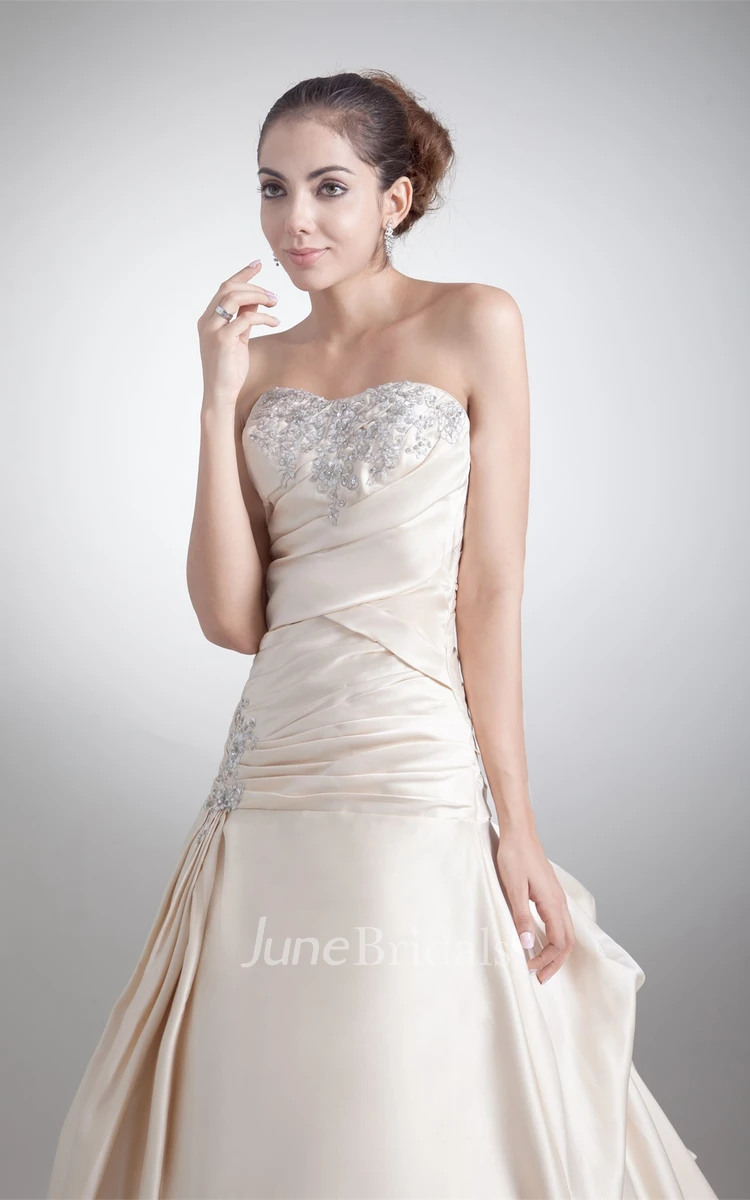 strapless ball jeweled gown with court train and ruched bodice