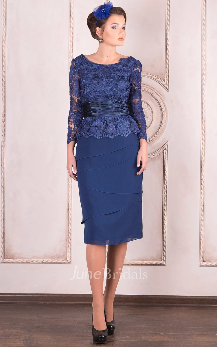 Scoop-neck Pencil Long Sleeve Lace Dress With Appliques And tiers