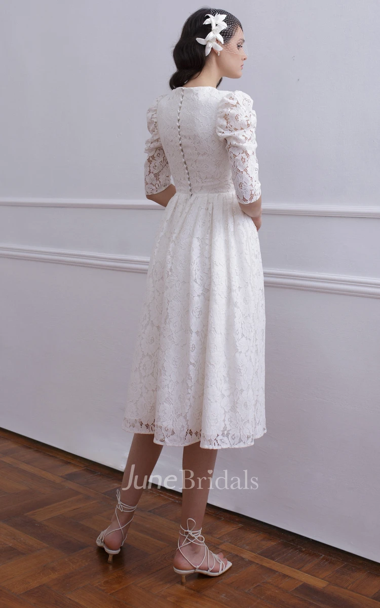 Vintage Half Sleeve Tea-length Lace A Line Wedding Dress with Ruching