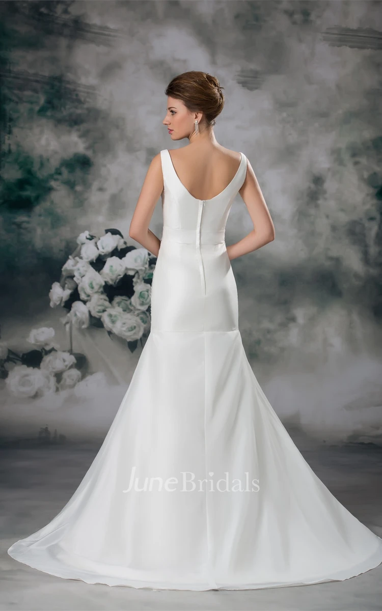 v-neck a-line trumpet sleeveless gown with brush train and beading