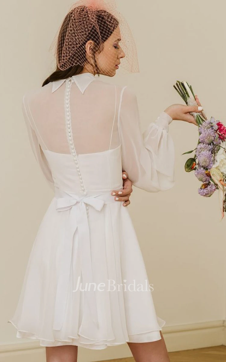 Simple Tulle Long Sleeve Short A Line Jewel Wedding Dress with Bow