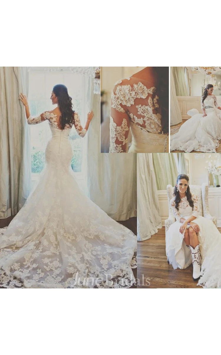 Elegant 3 4-long-sleeve Illusion Tulle Wedding Dress Lace Appliques