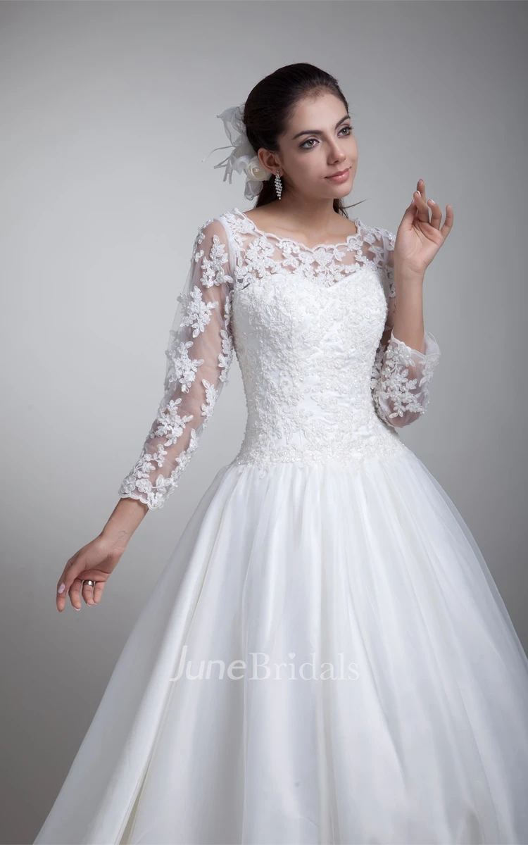 A-Line Pleated Lace Ball Gown with Illusion Long Sleeves