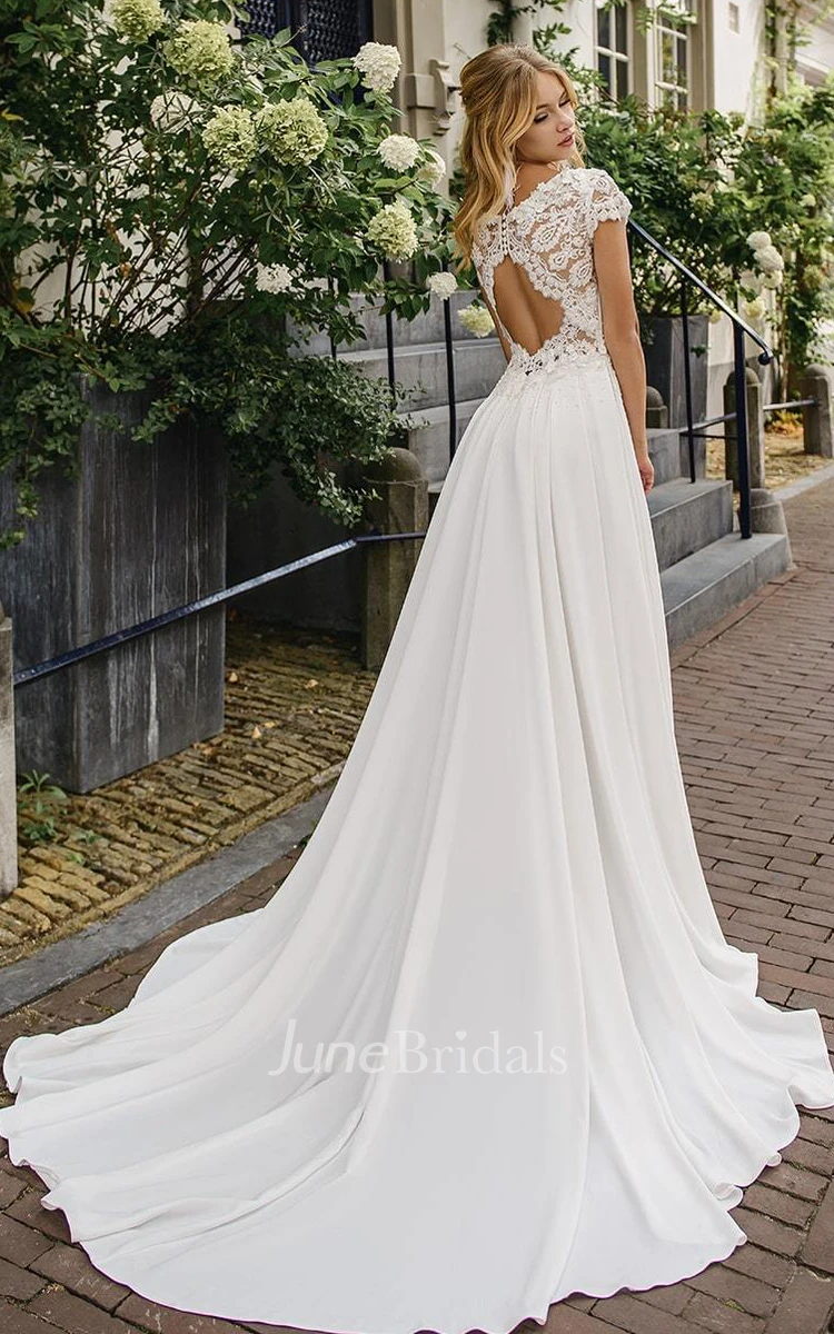 Elegant Satin and Lace Bateau A Line Court Train Wedding Dress with Ruching