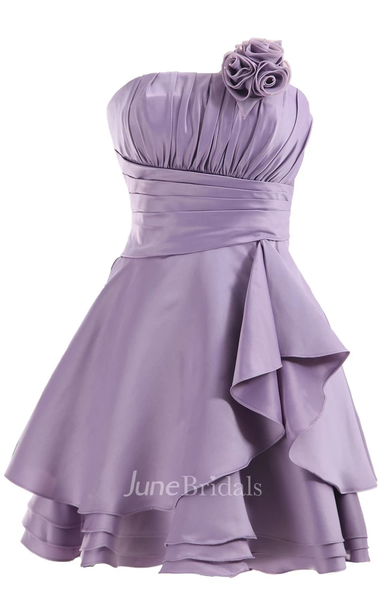 Pleated Strapless DressWith Layered Skirt and Flower