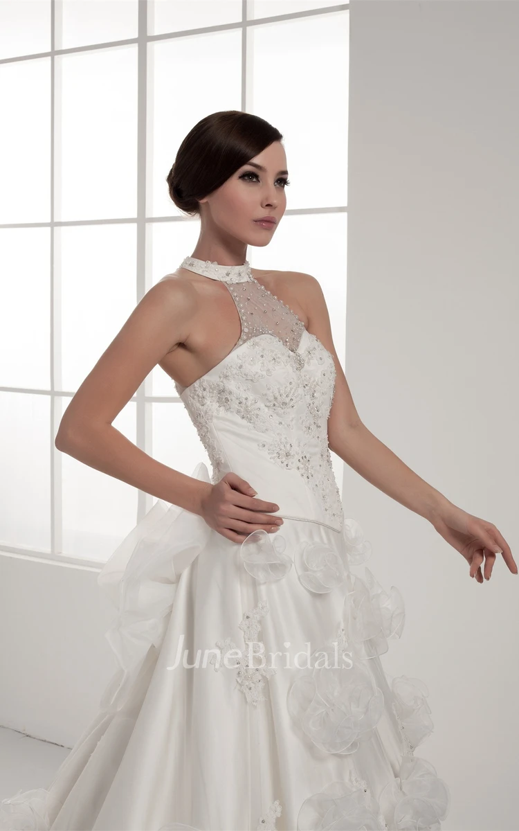 Floral Sleeveless Appliqued Ball Gown with Beading and Illusion
