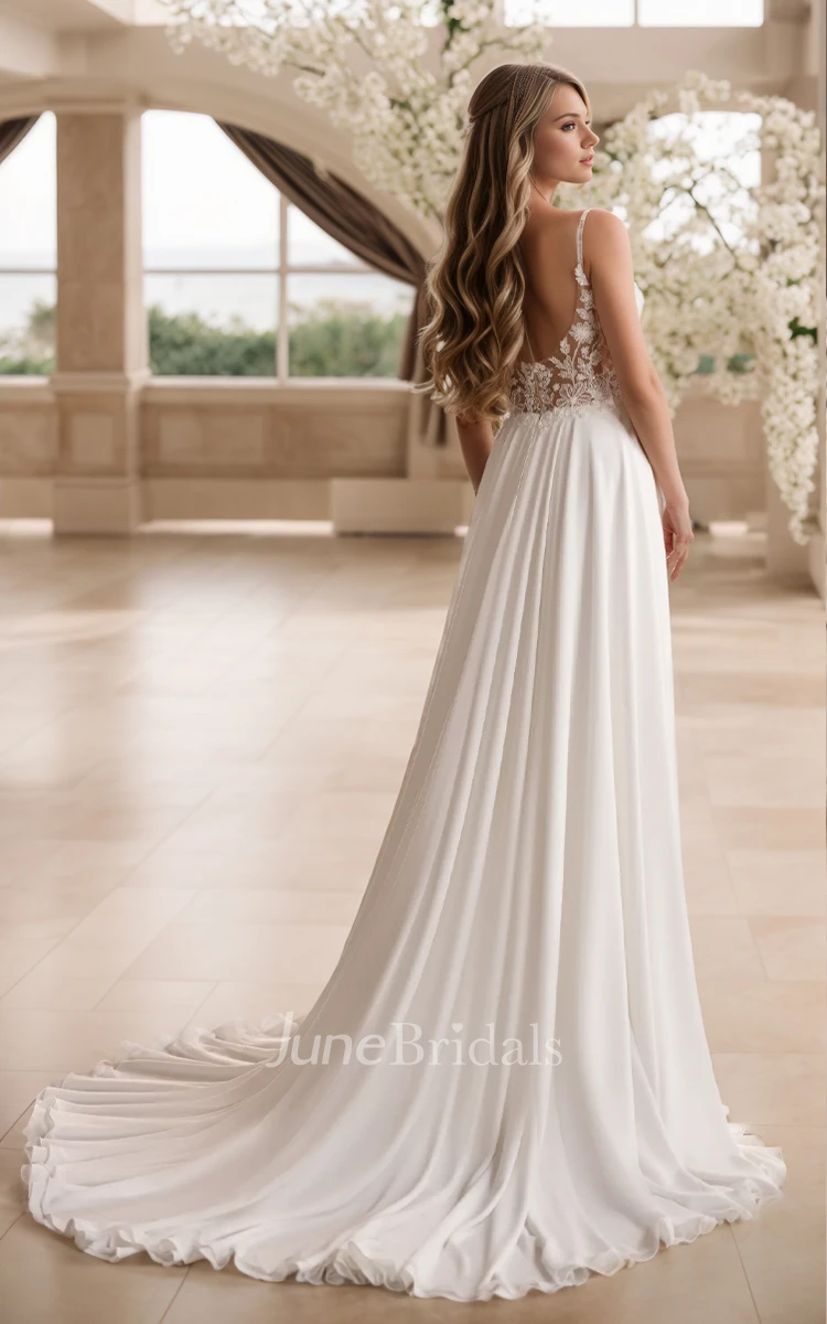 Sexy Elegant Spaghetti A-Line V-neck Lace Appliques Chiffon Wedding Dress Ethereal Romantic Beach Sleeveless Floor-length with Train Backless Zipper Bridal Gown