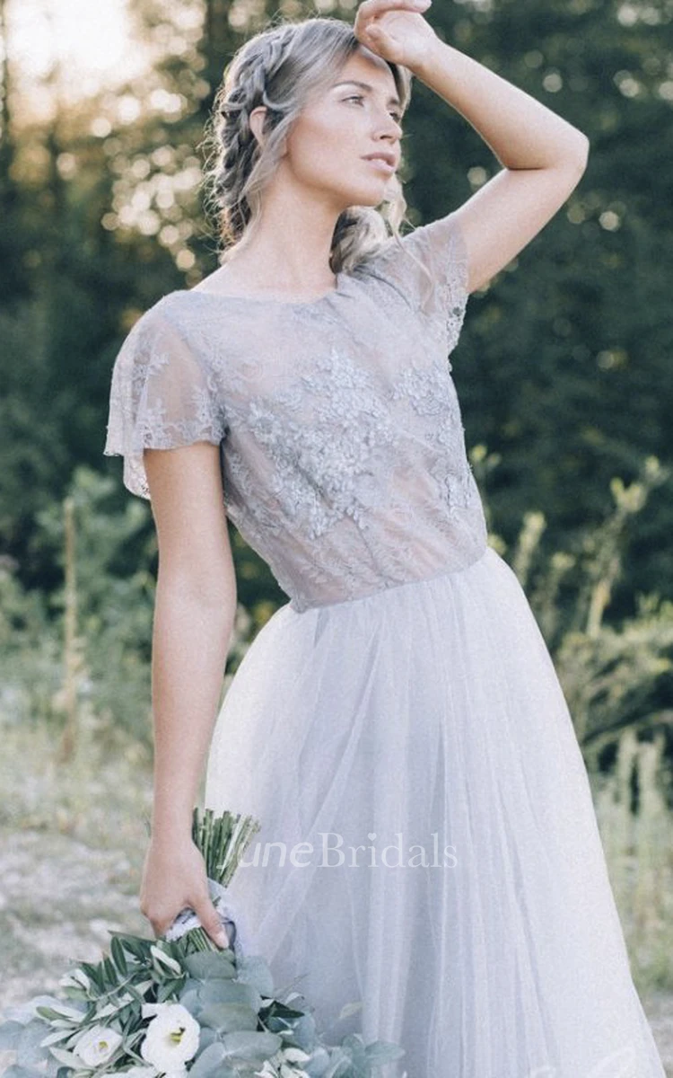 Simple Tulle Boho Open Back Wedding Dress With Lace Appliques
