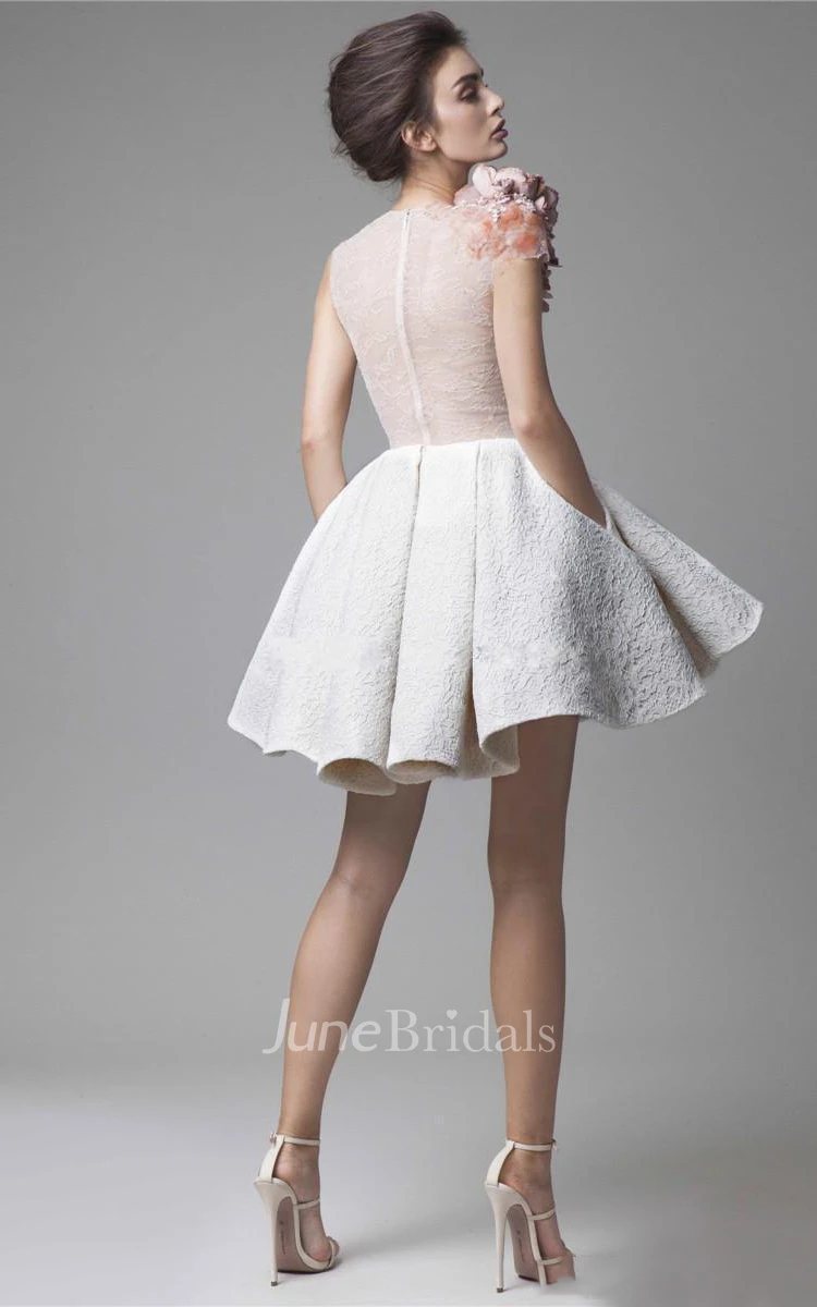 Jewel-Neck Lace Mini Skirt A-Line Sleeveless Prom Dress With Zipper Back