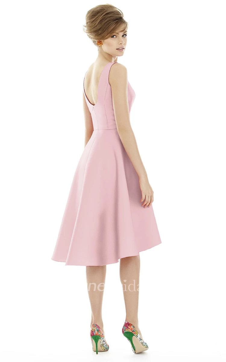 Knee-Length Jewel Satin Dress with Pleats and V-Back