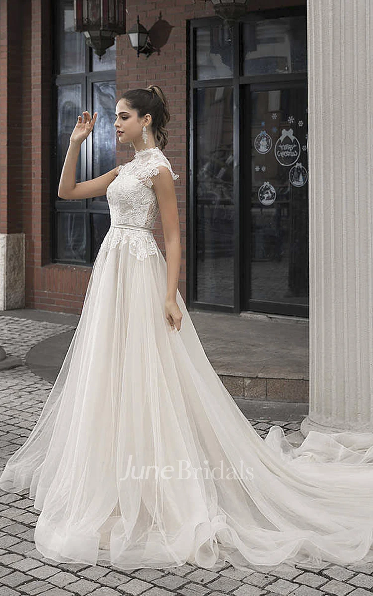 High Neck Cap Sleeve Vintage Lace Tulle Bridal Gown With Button Back