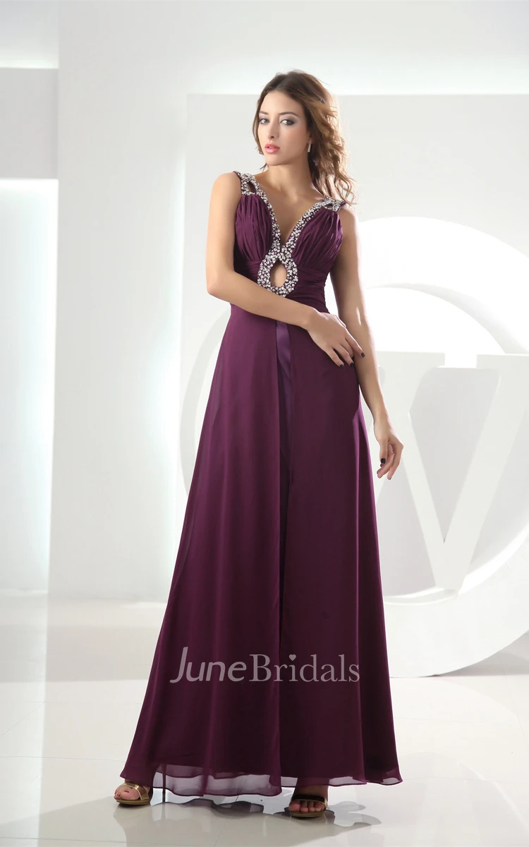 Plunged Chiffon Ankle-Length Dress with Beading and Keyhole