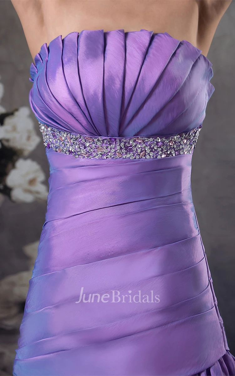 Strapless Ruched Front-Split Dress with Tiers and Jeweled Waist