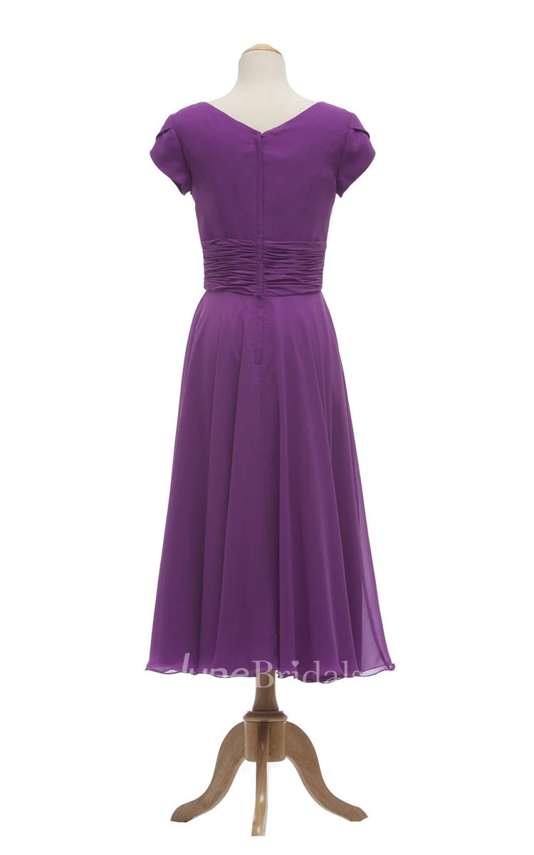Petal Sleeve V-neck Tea-length Dress With Ruched Waist