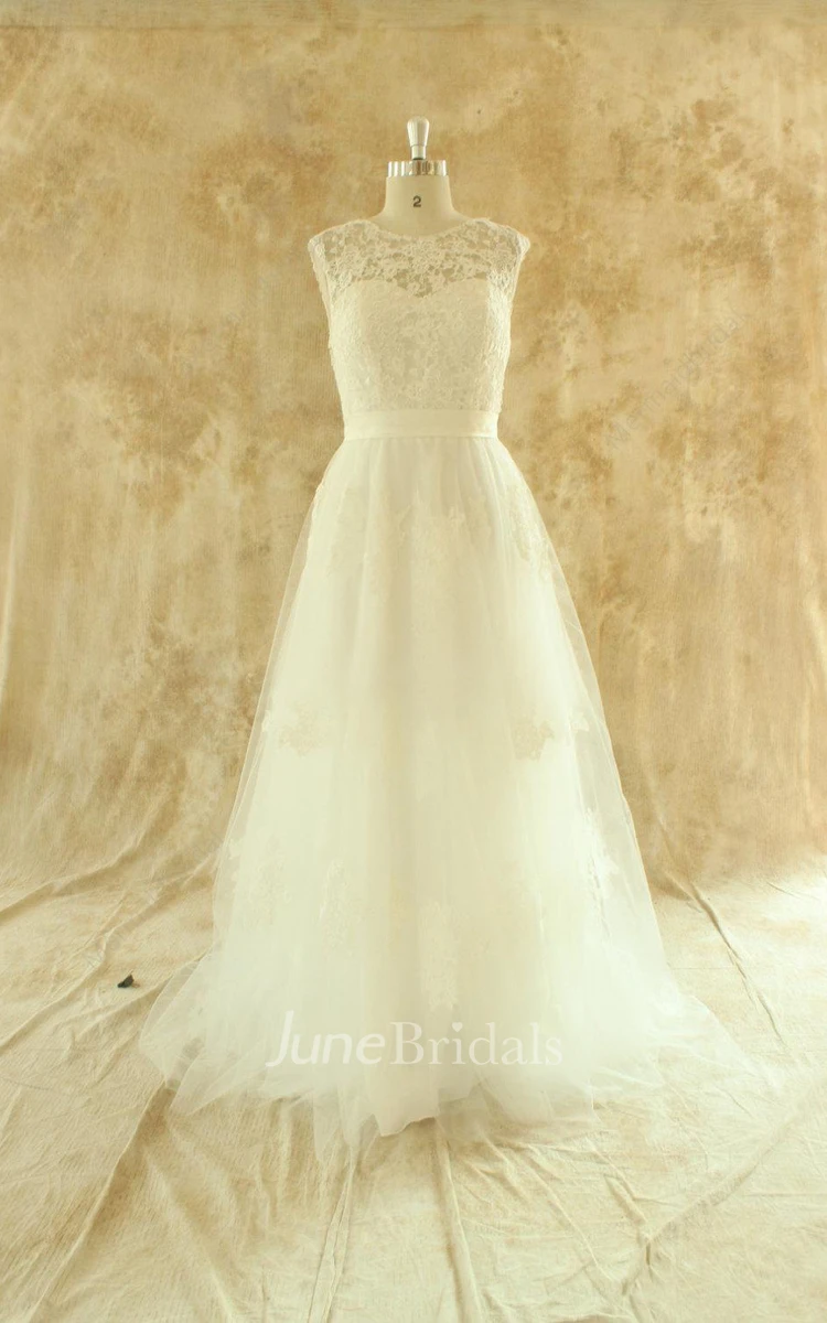 Jewel Sleeveless Deep-V Back Tulle Wedding Dress With Sash And Appliques