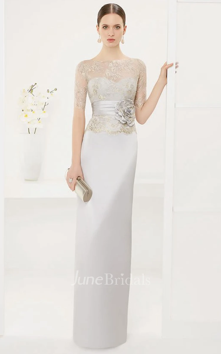 Bateau Short Sleeve Sheath Satin Long Dress With Lace Top And Flower