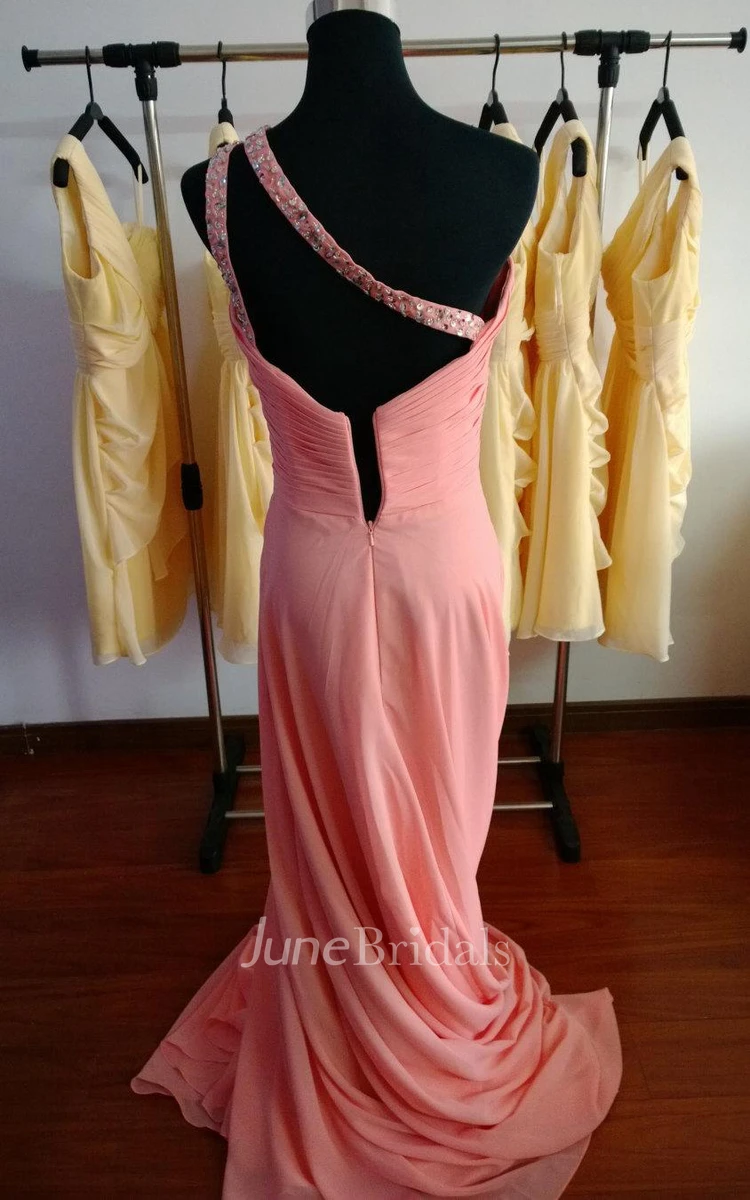 One-shoulder Ruched Chiffon Dress With Beadings