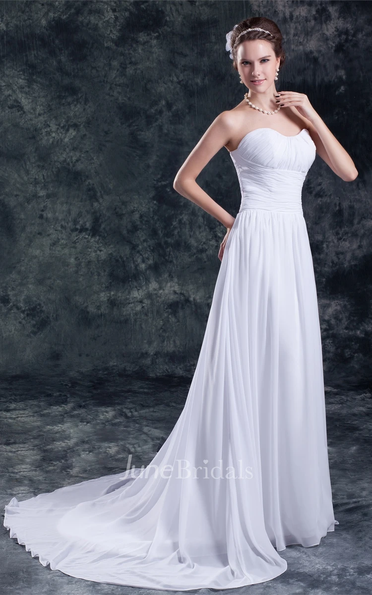 Strapless Ruched A-Line Dress with Pleats and Brush Train